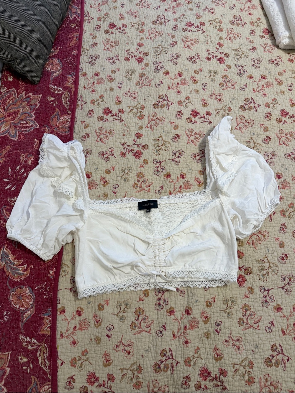 MAJORELLE White Puff Sleeve Crochet-Trim Crop Top NWOT